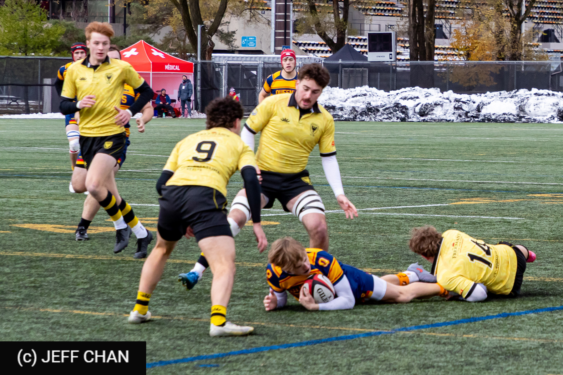 Simon BURNS - Declan HEARN - Luke VAN DAM -  Queen's University - Dalhousie University - Rugby - CANUMENS 2025 - Queen's University vs Dalhousie University - Game#5 by Jeff Chan (#CANUMENS2575) Photo by: Jeff Chan | Siuxy Sports 2025-11-14