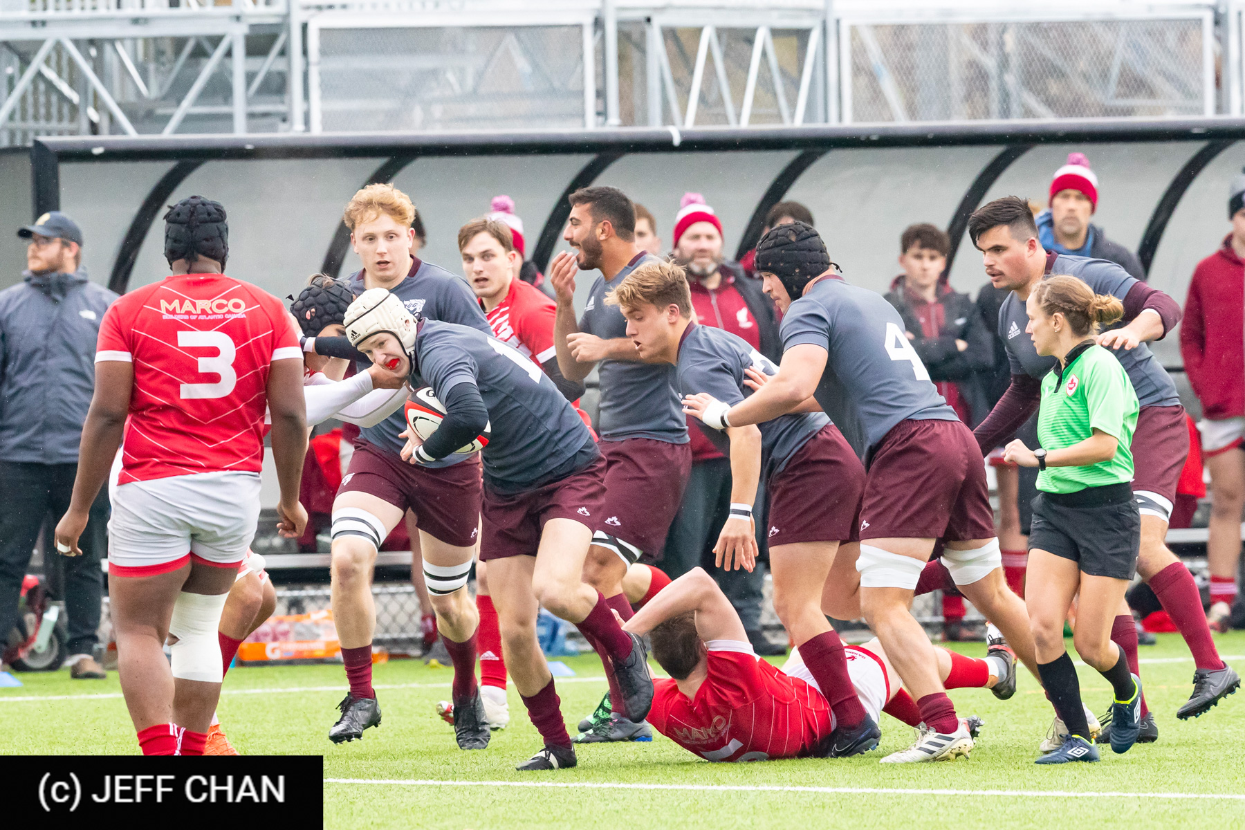 Jamie ARMSTRONG - Ali AWADA - Andreas DIONISOPOULOS - Logan HARRIS -  Memorial University of Newfoundland - Université Ottawa - Rugby - CANUMENS 2023 - Quarter final - Memorial vs U Ottawa by Jeff Chan (#CANUMENS2303) Photo by: Jeff Chan | Siuxy Sports 2023-11-15