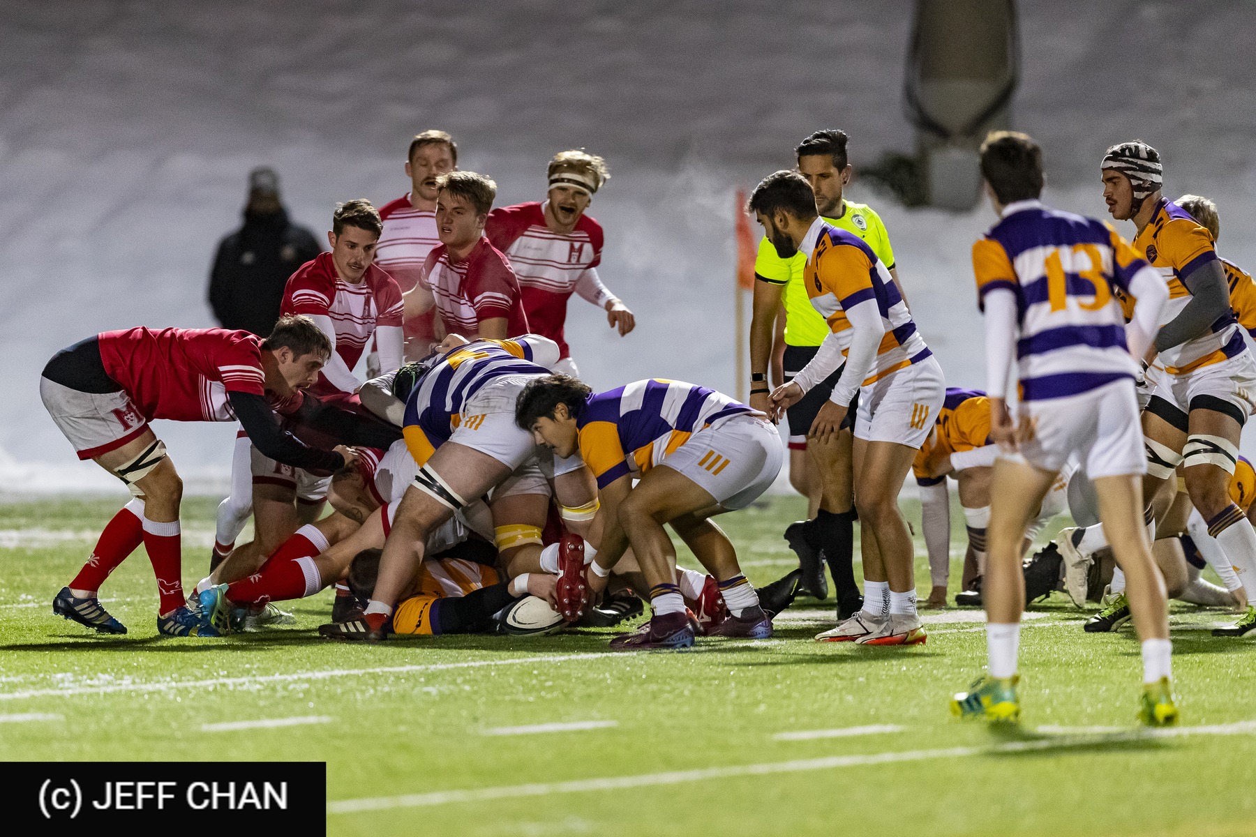 Zach AUGER - Owen CUMMING - Nicolas DUBÉ MERCIER -  Wilfrid Laurier University - Université McGill - Rugby - CANUMENS 2022 - W Laurier U vs McGill U -  by Jeff Chan (#CANUMENS2204) Photo by: Jeff Chan | Siuxy Sports 2022-11-30